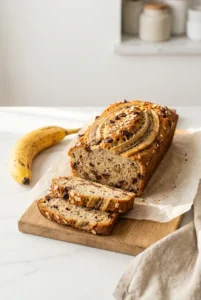 3 ingredient banana bread loaf sliced on white marble with caramelized banana topping and chocolate chips