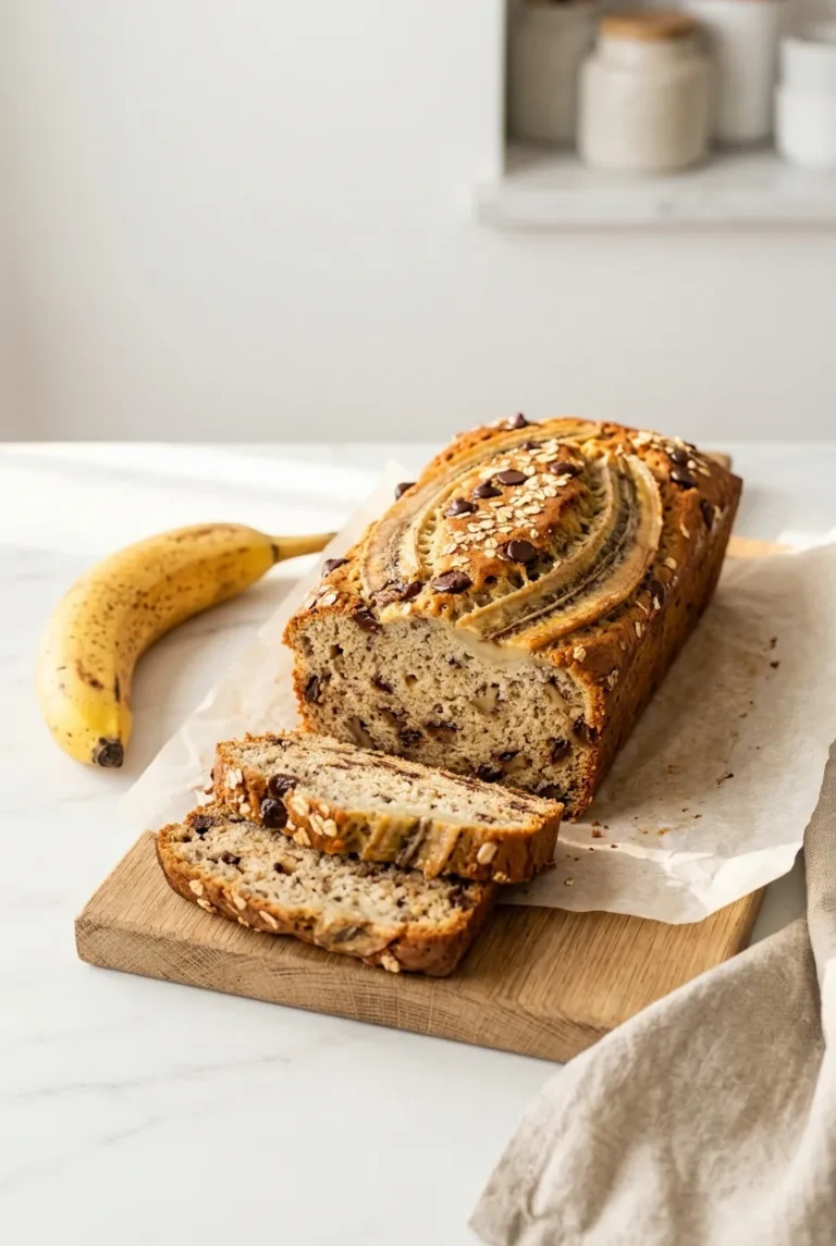 3 ingredient banana bread loaf sliced on white marble with caramelized banana topping and chocolate chips