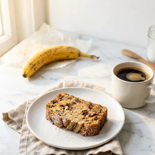 3 ingredient banana bread slice on white ceramic plate with black coffee, cozy morning breakfast scene