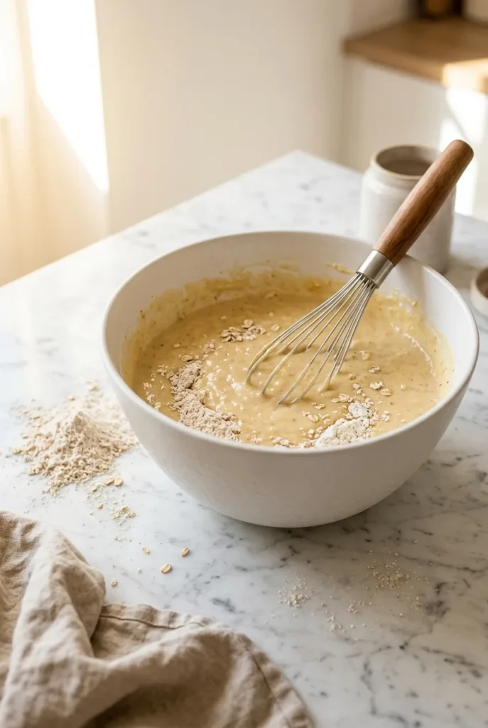 oat flour folded into banana egg batter in white ceramic bowl for 3 ingredient banana bread
