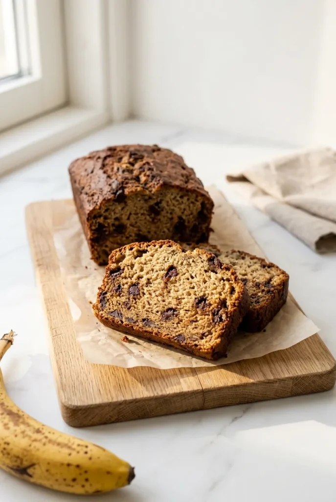 sliced 3 ingredient banana bread showing soft golden crumb with chocolate chips on oak board