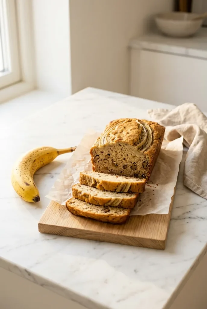 Oat flour banana bread sliced on white marble counter showing soft golden crumb interior