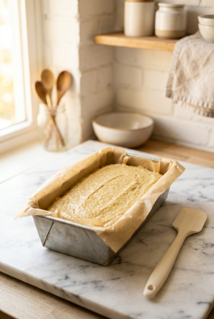 Almond flour banana bread batter poured into parchment lined loaf pan ready to bake