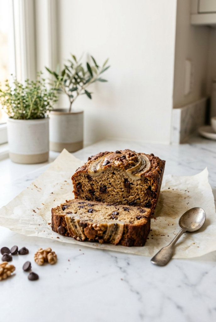 Close up of moist tender crumb inside sliced healthy almond flour banana bread