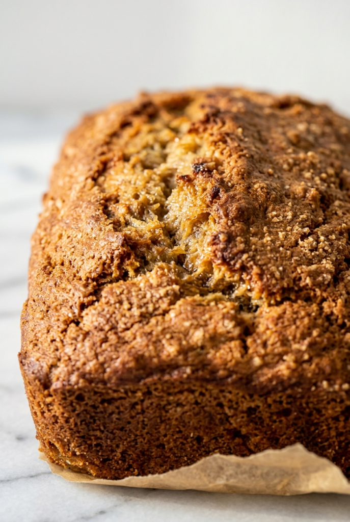 Close-up of golden crust and center crack of gluten free almond flour banana bread