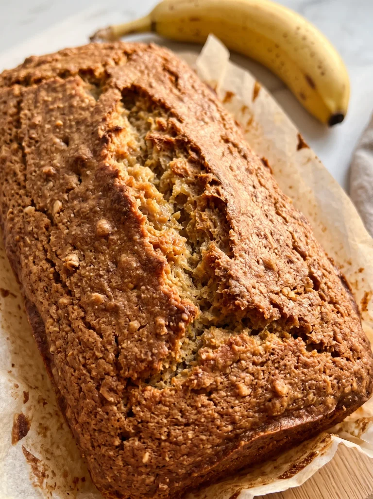 golden almond flour banana bread loaf sliced on white marble counter