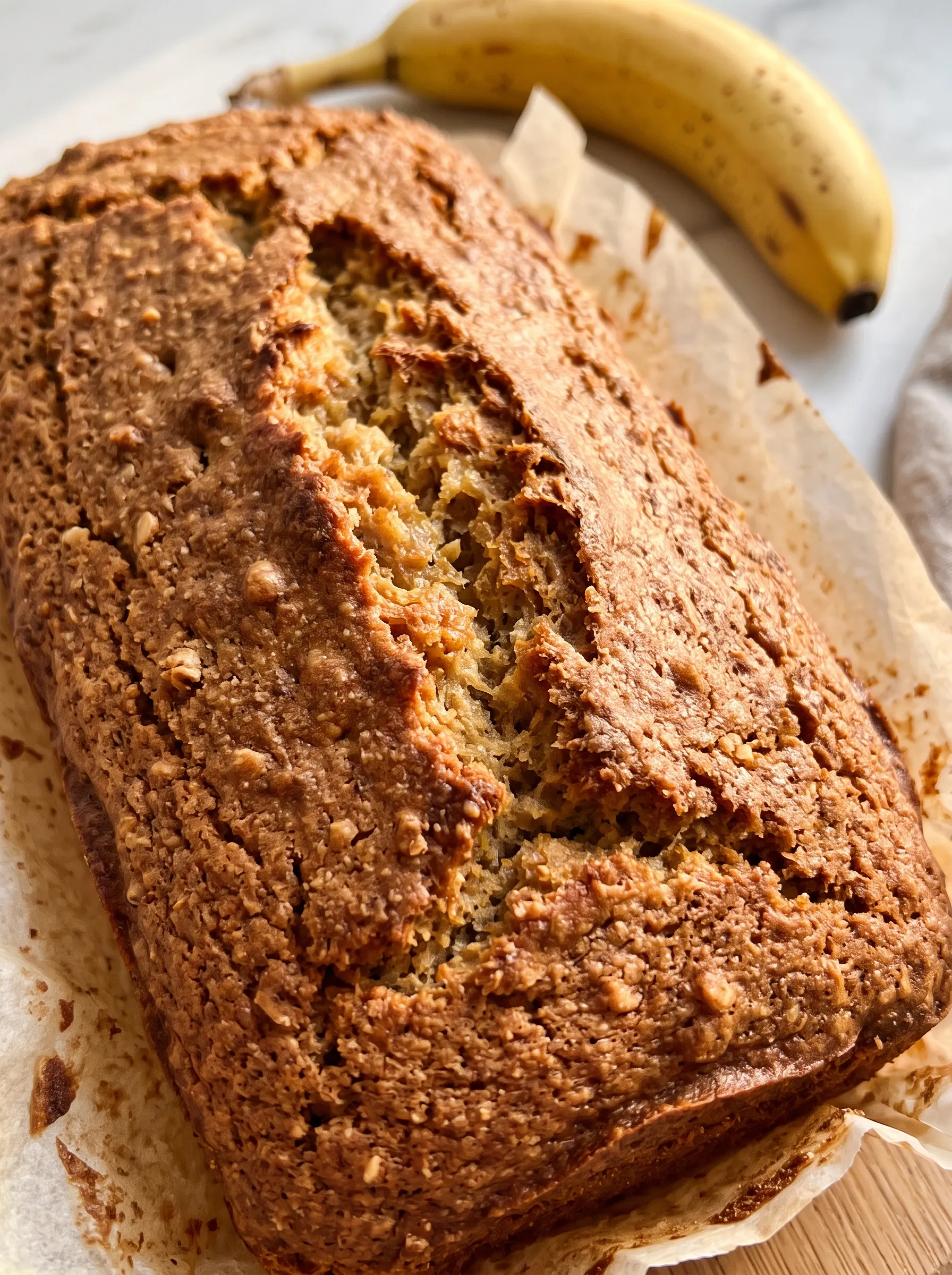 Soft, golden almond flour banana bread, sliced on a light oak board