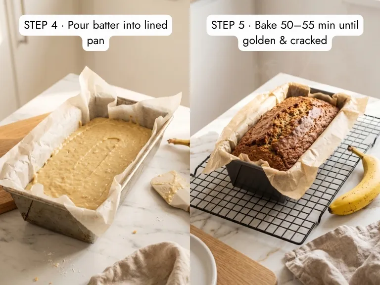 almond flour banana bread batter poured in loaf pan next to golden baked loaf cracked top out of oven