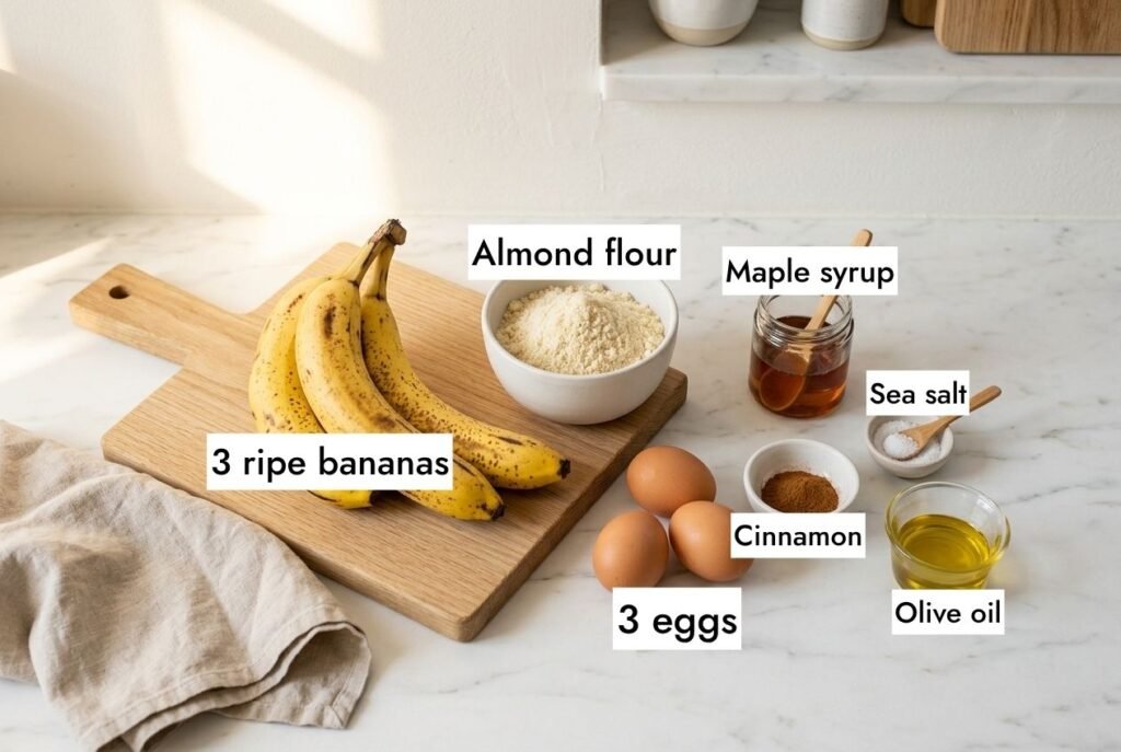 Flat lay of almond flour banana bread ingredients including ripe bananas eggs maple syrup and cinnamon on white marble
