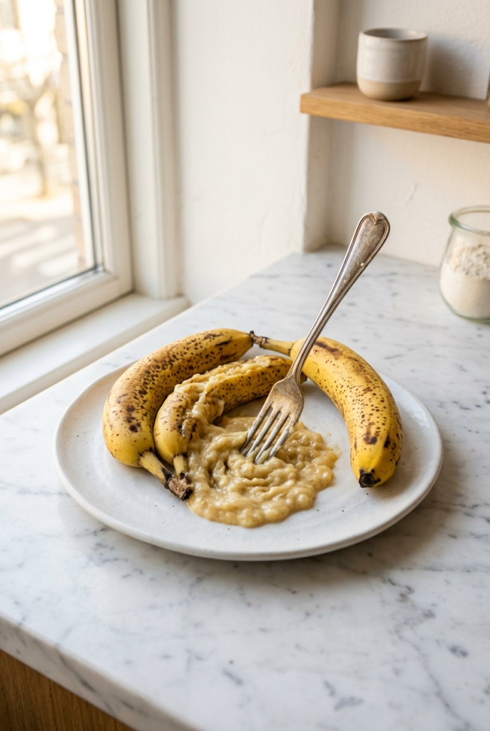 Mashing ripe spotted bananas with fork on white ceramic plate for banana bread recipe