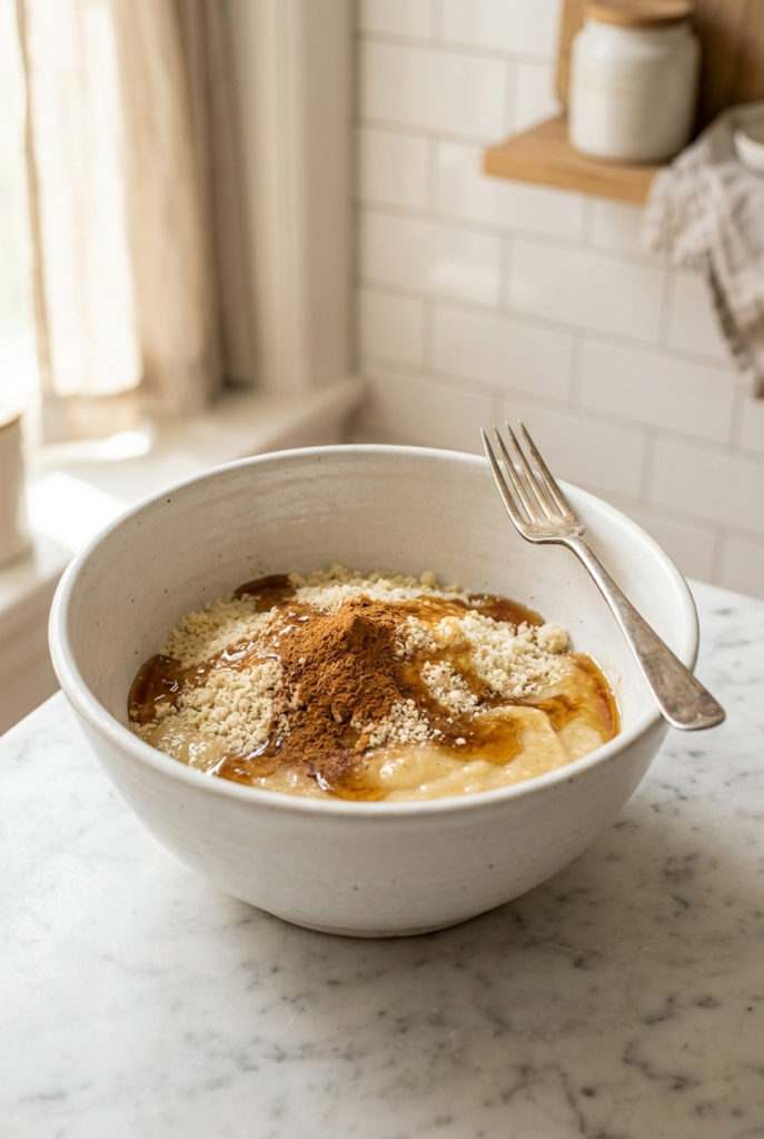 White bowl with banana puree almond flour cinnamon and maple syrup before mixing