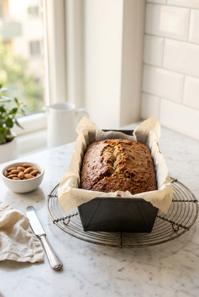 Freshly baked gluten free banana bread in loaf pan on wire rack with golden brown crust