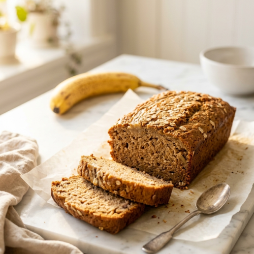 Sliced almond flour banana bread showing moist golden crumb on parchment paper