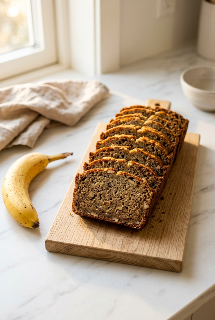 Full loaf of banana bread with almond flour sliced and fanned out on oak board for meal prep