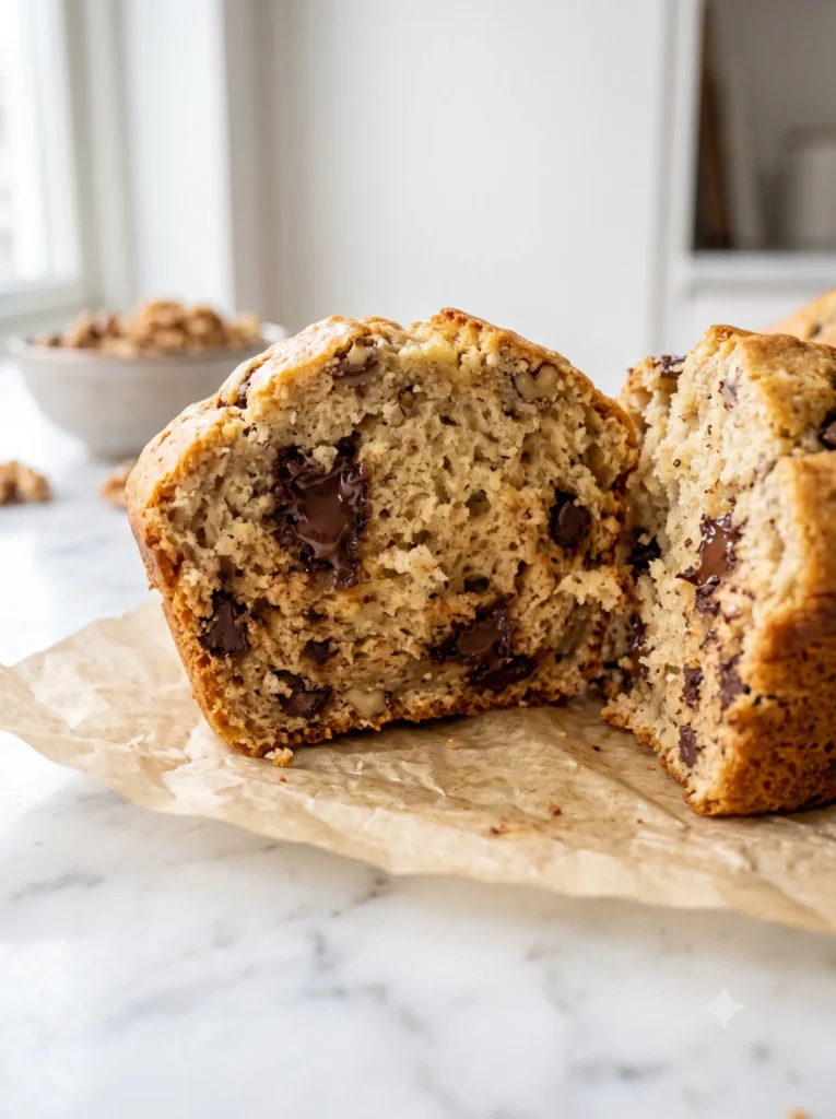 Close up of banana bread muffin crumb showing soft moist golden interior with chocolate chip, gluten free oat flour muffin