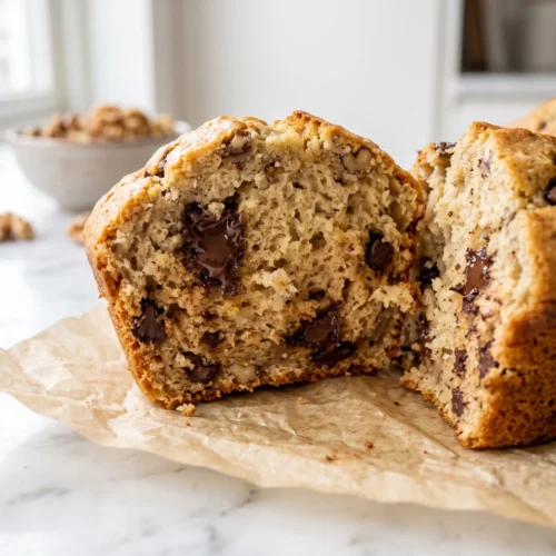 Golden gluten free banana bread muffins with chocolate chips on a white ceramic plate, made with oat flour and ripe bananas