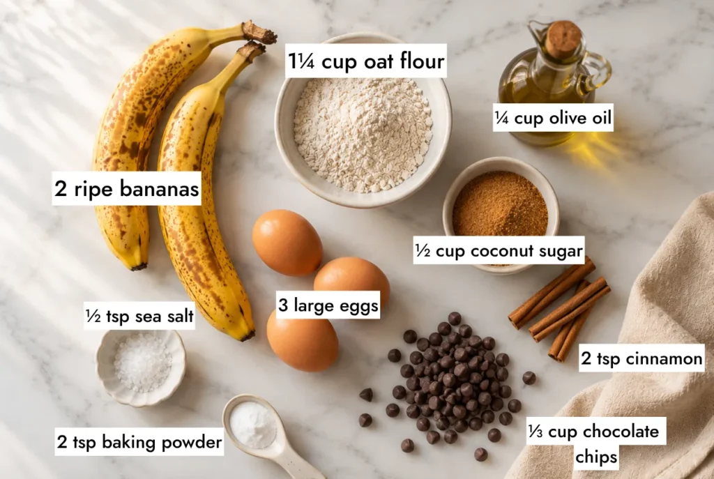 Overhead flat lay of gluten free banana bread muffins with ripe bananas, oat flour and chocolate chips on white marble