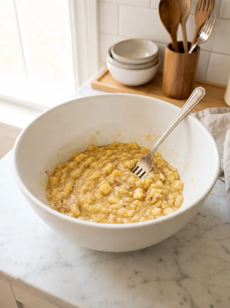 Mashing two ripe bananas with a fork in a white ceramic bowl, first step for banana bread muffins recipe