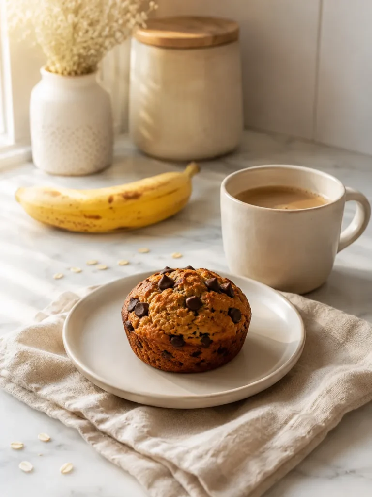 Banana bread muffin on white plate next to morning coffee cup, cozy gluten free breakfast recipe