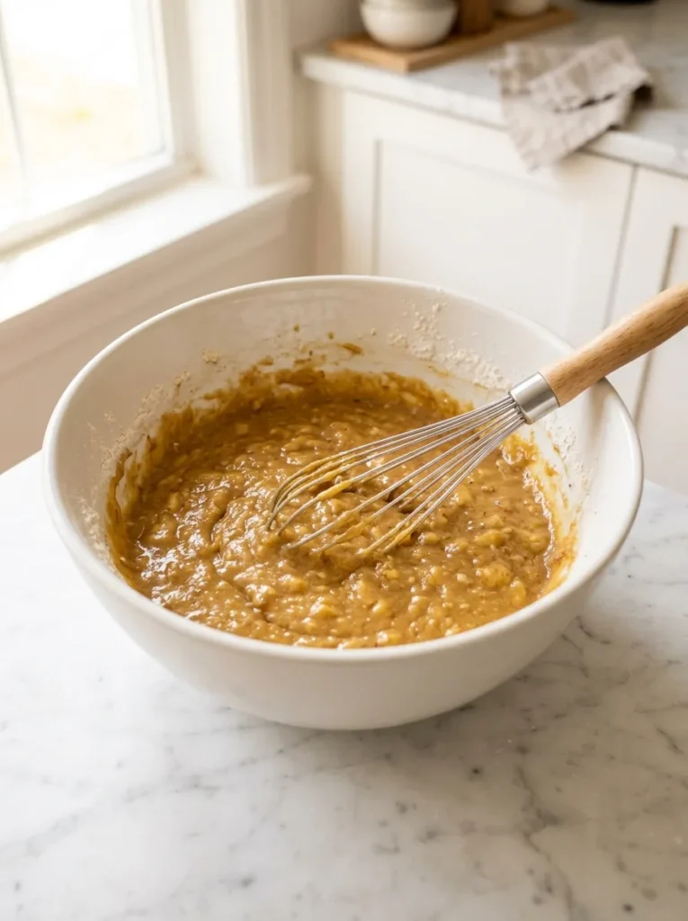 Thick golden banana muffin batter in a white bowl with a whisk, easy one bowl gluten free recipe