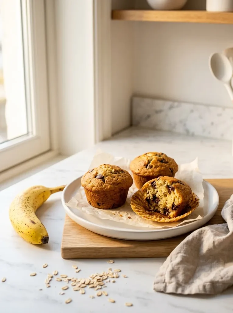 Banana bread muffins gluten free with oat flour and chocolate chips, soft golden and ready in 32 minutes