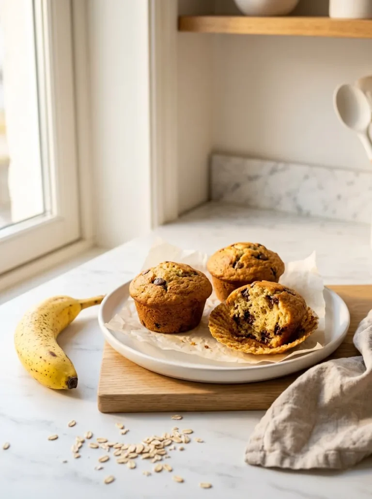Banana bread muffins gluten free with oat flour and chocolate chips, soft golden and ready in 32 minutes