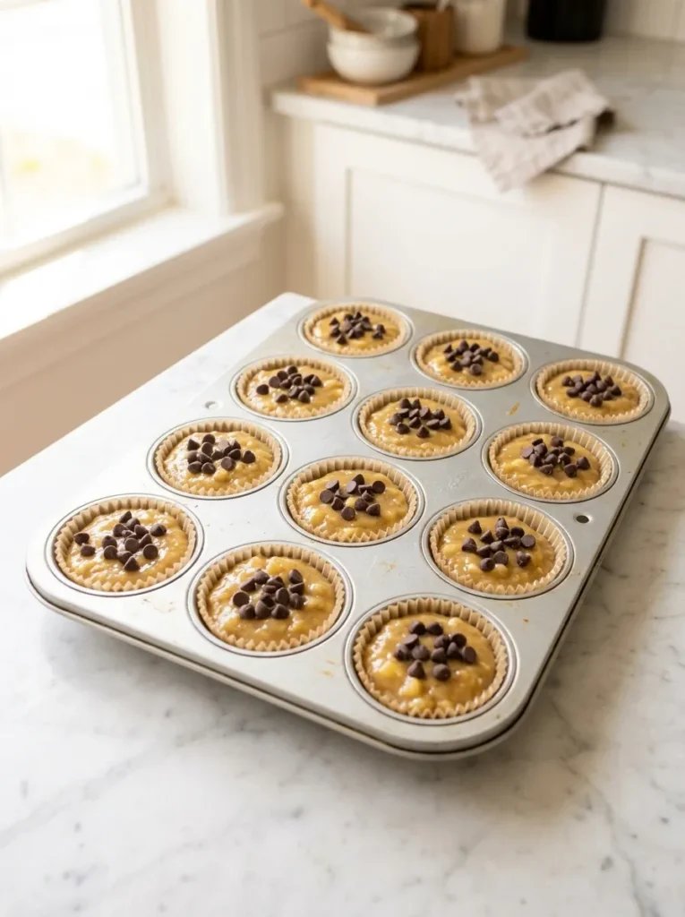 Muffin tin filled with banana bread muffin batter topped with chocolate chips before baking, gluten free