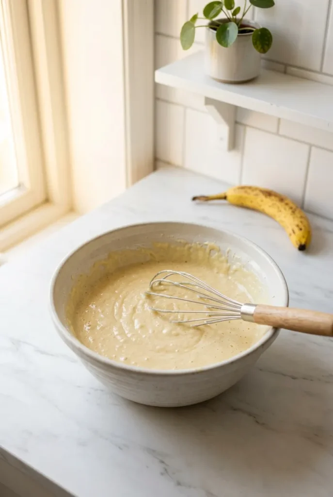 mixing banana bread batter in ceramic bowl with wooden whisk ripe banana background