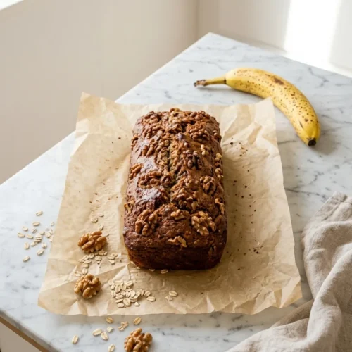 banana walnut bread loaf on crumpled parchment paper with ripe banana and scattered walnuts