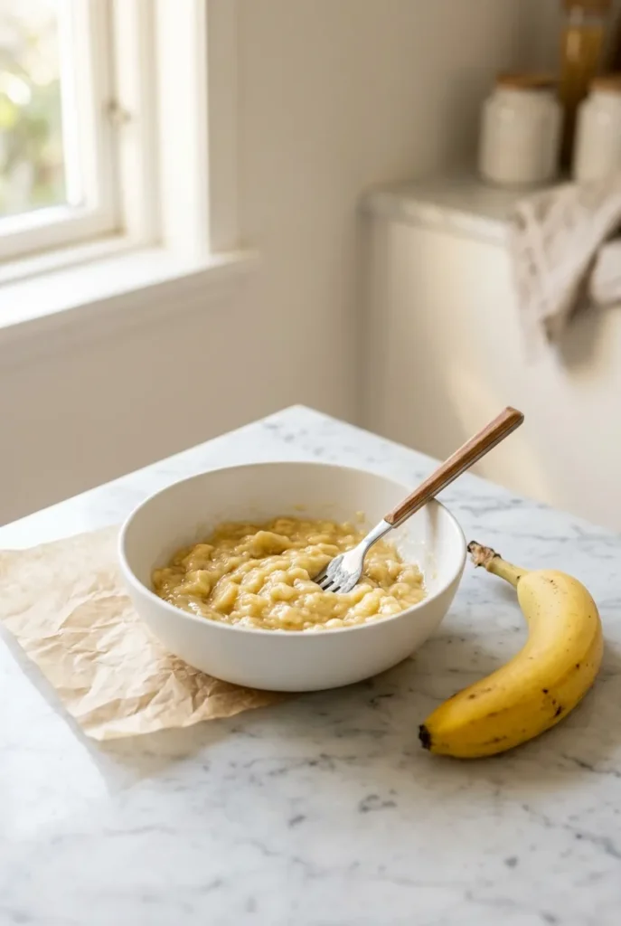 mashing ripe bananas in white bowl with fork for banana bread recipe