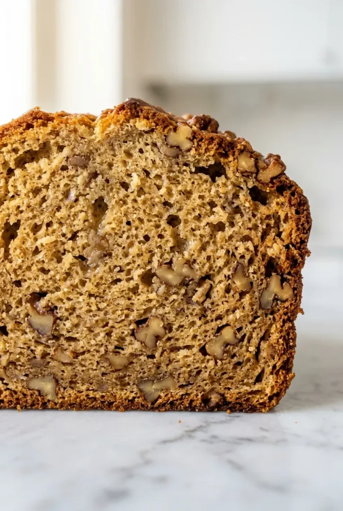 close up moist golden crumb banana walnut bread texture with walnuts