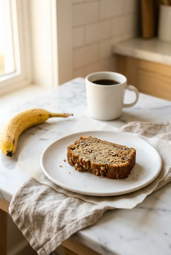 banana walnut bread slice on white ceramic plate with black coffee and ripe banana morning kitchen