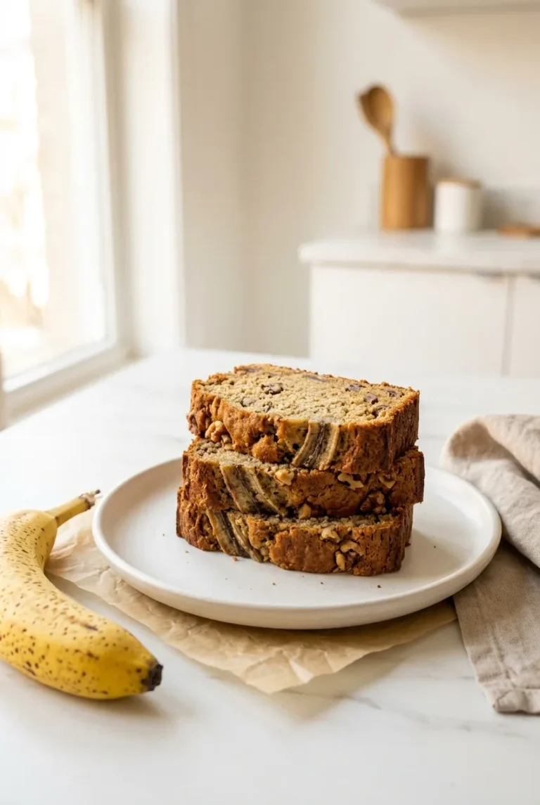 moist banana walnut bread slices stacked on white plate with ripe banana