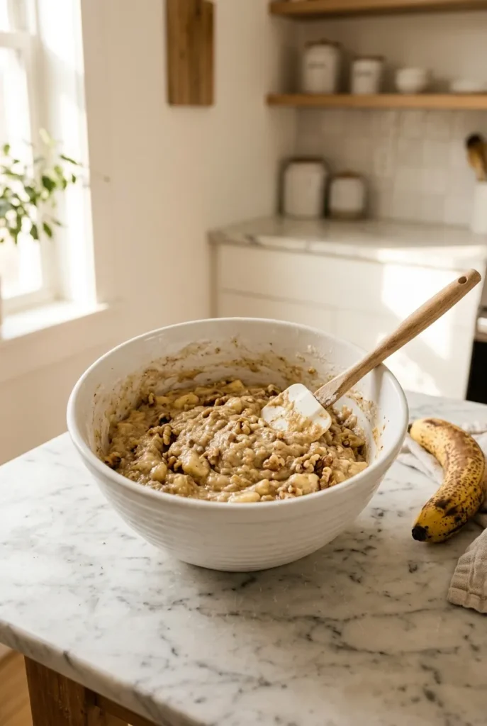 folding walnuts into banana bread batter with spatula white bowl banana bread recipe