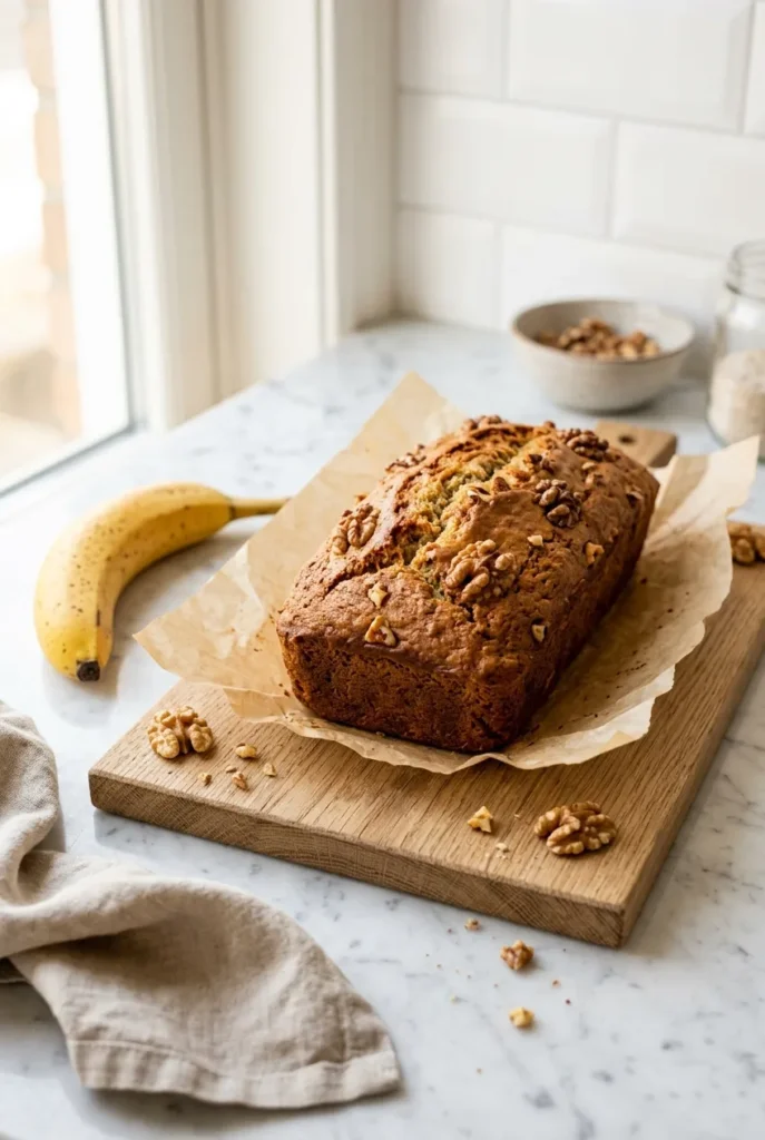 golden banana walnut bread loaf on oak board with parchment paper banana bread recipe
