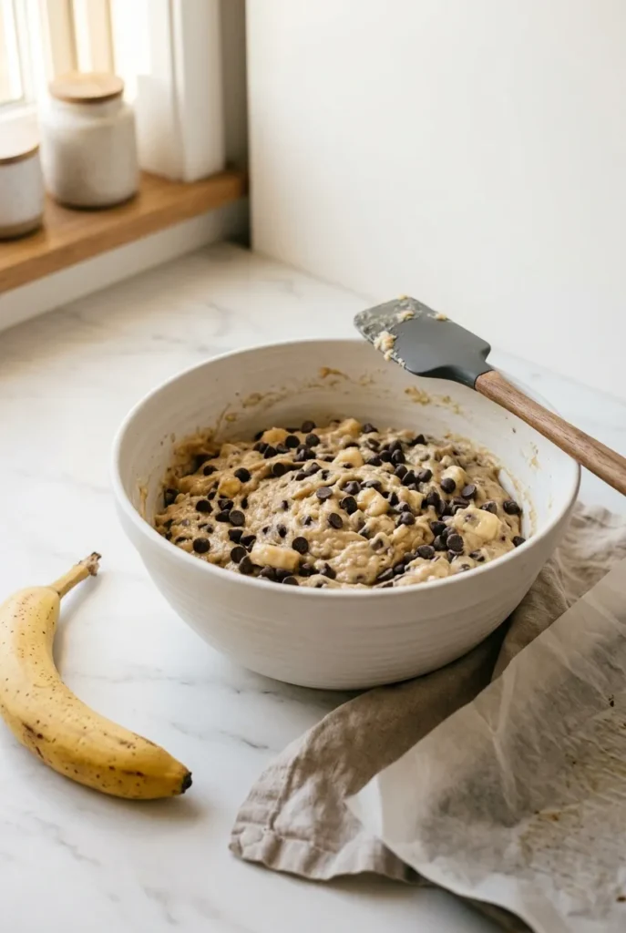 Folding chocolate chips into banana muffin batter in white bowl — thick golden batter with semi-sweet chocolate chips