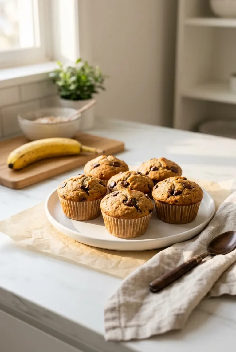 Chocolate chip banana muffins with golden domed tops and melted chocolate chips, on parchment paper on a white marble counter — easy one bowl recipe