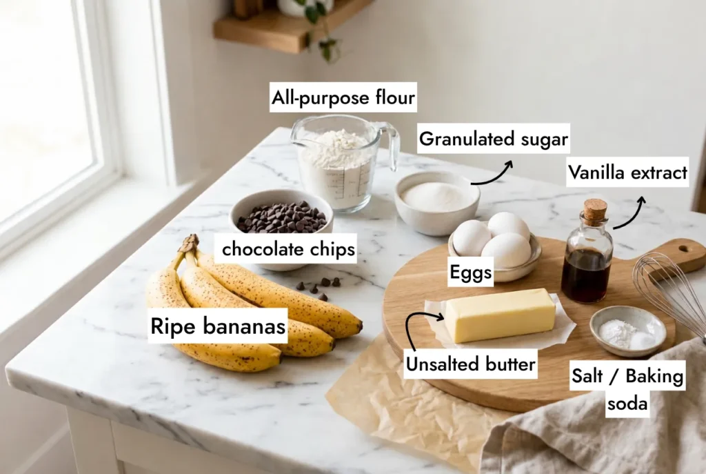 Chocolate chip banana muffins ingredients flat lay — ripe bananas, chocolate chips, flour, eggs, butter, vanilla and sugar on white marble