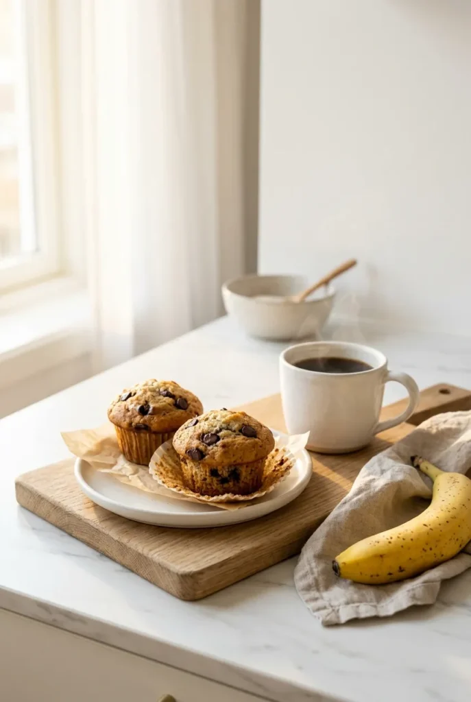 Two chocolate chip banana muffins on white ceramic plate beside a coffee cup — cozy morning breakfast on white marble kitchen counter