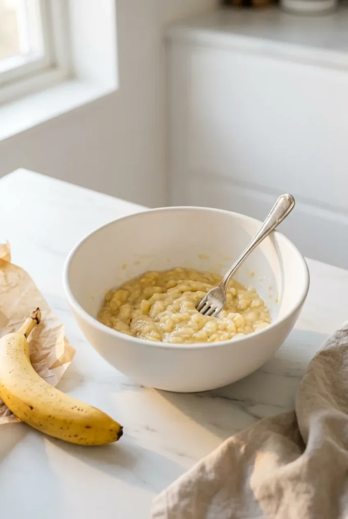 Mashed ripe bananas in white ceramic bowl for chocolate chip banana muffins recipe — the riper the banana the sweeter the muffin