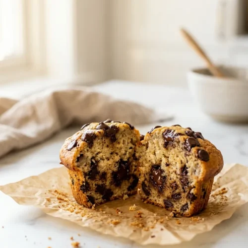 Close-up of chocolate chip banana muffin split open showing soft golden crumb and melted chocolate chips inside