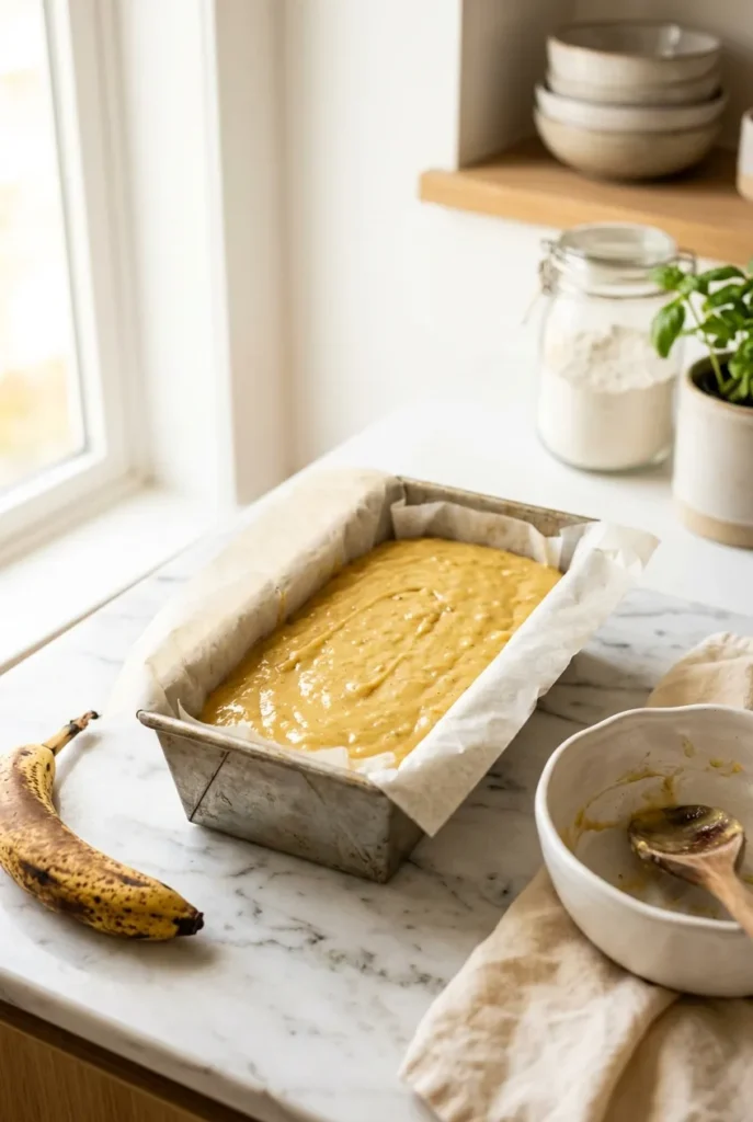 Golden oat flour banana bread batter poured into parchment-lined loaf pan ready to bake