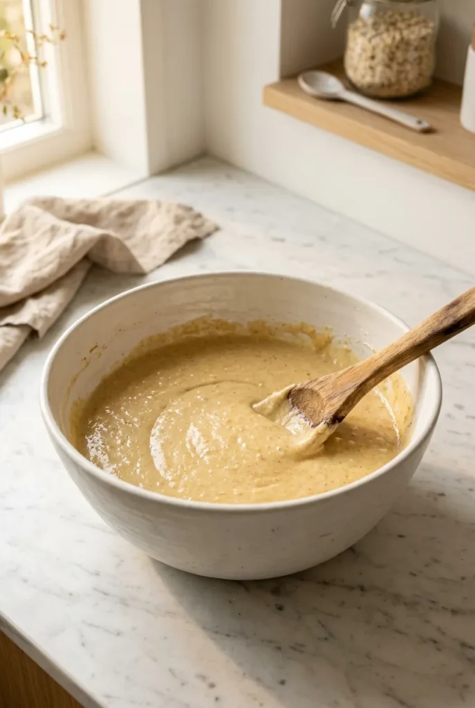 Smooth golden oat flour banana bread batter in white ceramic bowl with wooden spatula