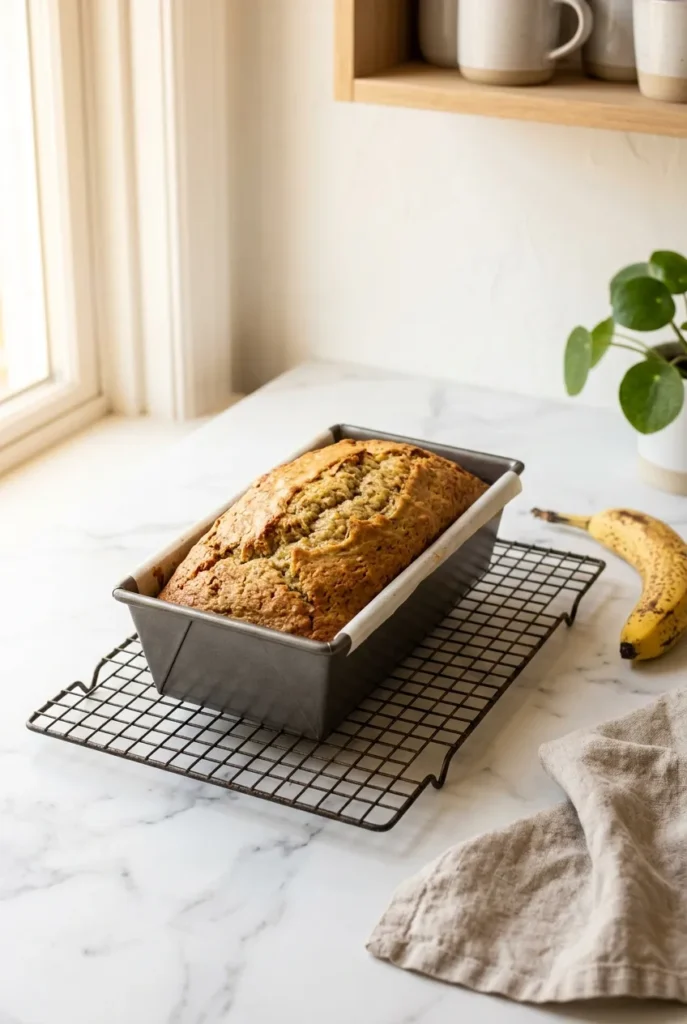 Oat flour banana bread fresh out of the oven in loaf pan on wire cooling rack, golden cracked top