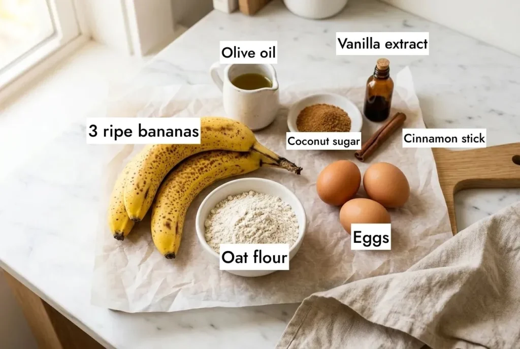Oat flour banana bread ingredients flat lay — ripe bananas, oat flour, eggs, coconut sugar, cinnamon on white marble