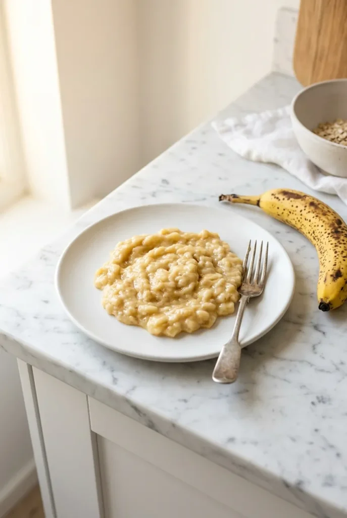Mashing ripe spotted bananas with a silver fork on white ceramic plate for oat flour banana bread