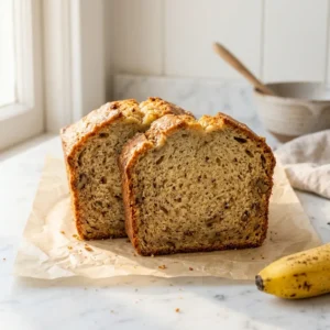 Two slices of oat flour banana bread on white marble showing soft golden crumb — gluten-free recipe