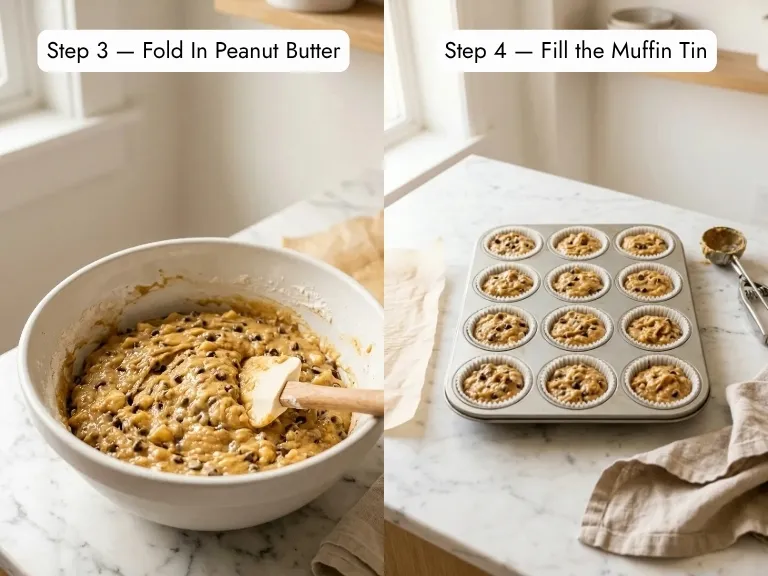 Peanut butter folded into banana batter and batter spooned into muffin tin — how to make peanut butter banana muffins step by step
