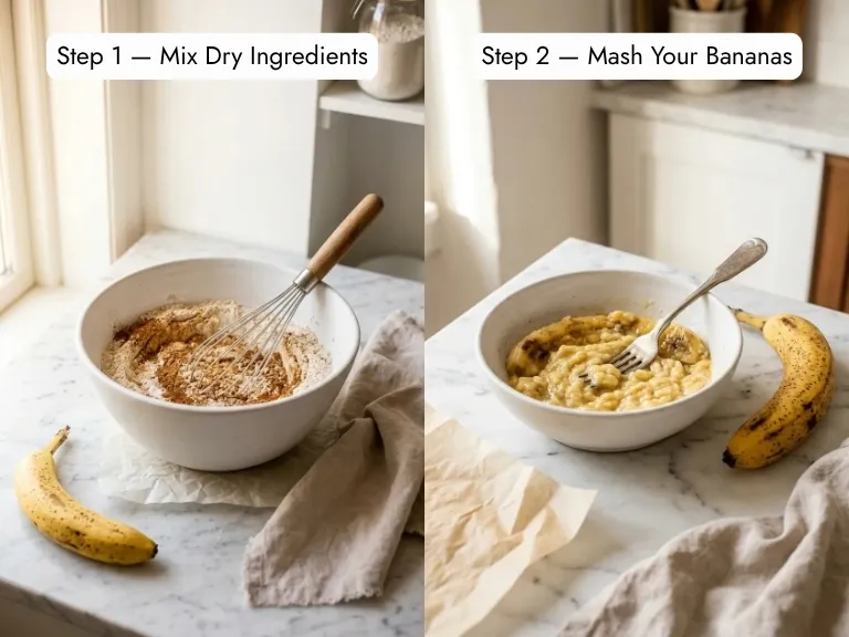 Dry ingredients mixed in white bowl and ripe bananas being mashed with a fork — step-by-step peanut butter banana muffins process