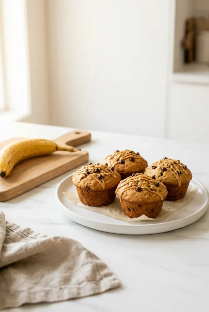 Golden peanut butter banana muffins on white ceramic plate, drizzled with peanut butter, marble counter, morning light
